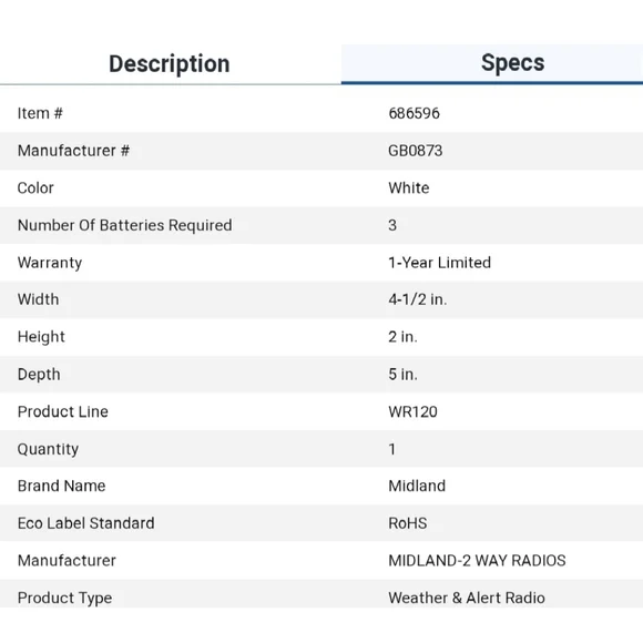 New! Midland WR120 Desktop Weather Alert Radio - Picture 3 of 3